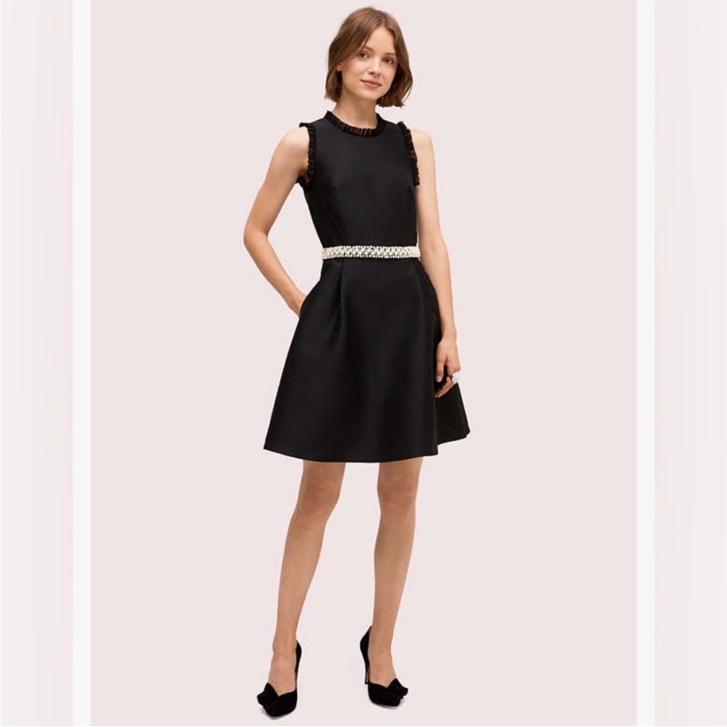 Kate Spade Black Sleeveless A-Line Dress With Pearl Embellished Waist